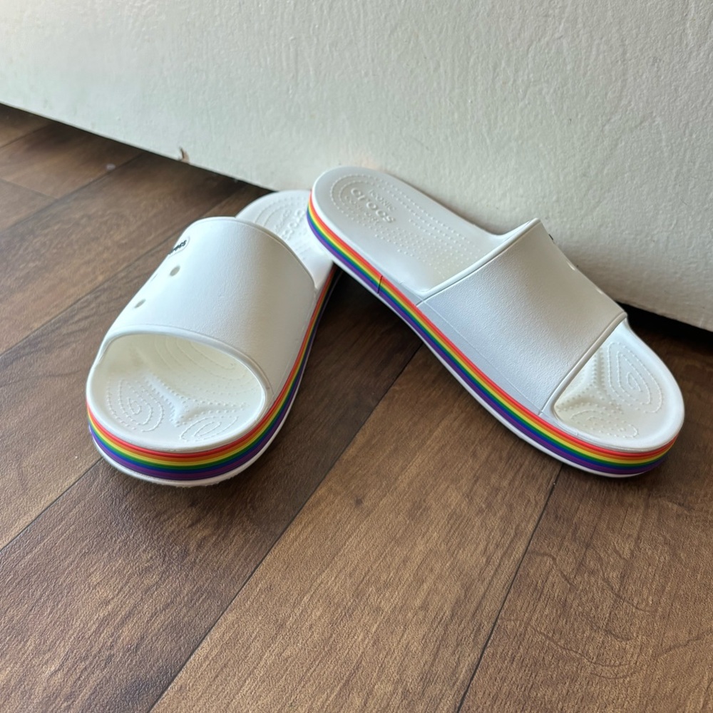 CROCS White Slide Sandals with Rainbow Stripe Platform